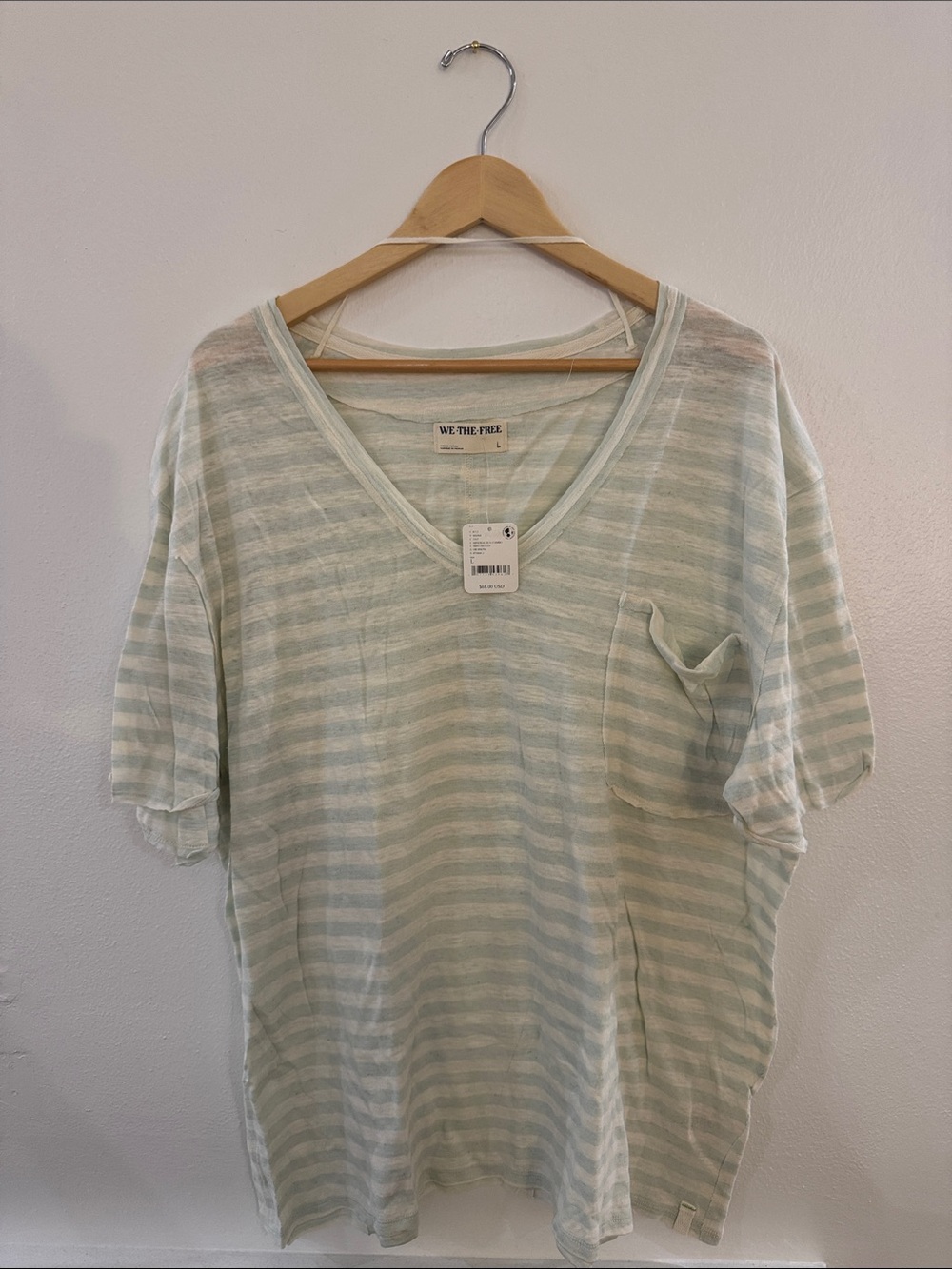 We The Free Mint & White Striped V-Neck Pocket Tee